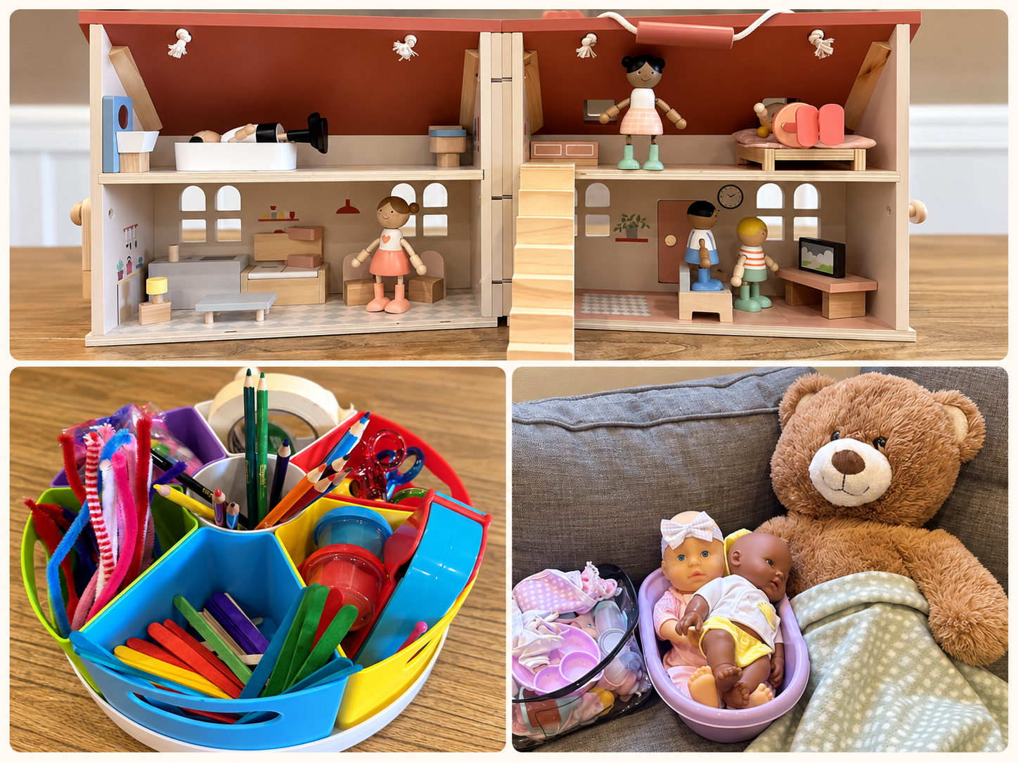 Play therapy toys, creative materials, dolls and a teddy bear
